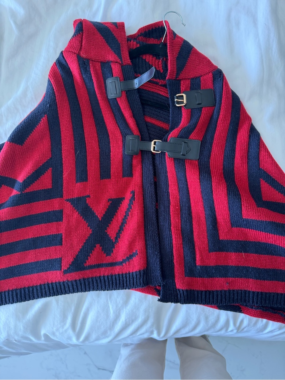 Louis Vuitton Red and Navy Striped Knit Cape with LV Motif